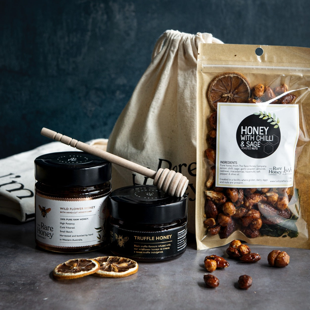 Limited edition festive pack with black truffle infused honey and hand cut honeycomb